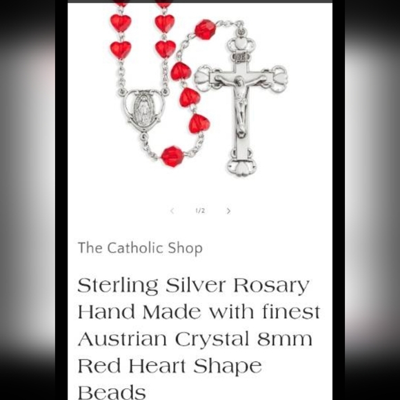 STERLING SILVER RED AUSTRIAN‎ CRYSTALS HEART SHAPED BEADS 8MM ROSARY - Picture 1 of 11